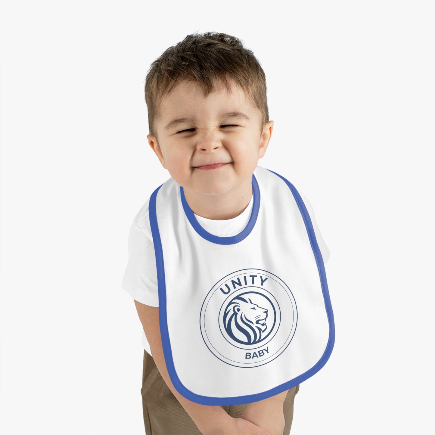 Unity Baby Bib with Contrast Trim, Cute Baby Bib, Baby Shower Gift, Lion Design Bib, Toddler Essential