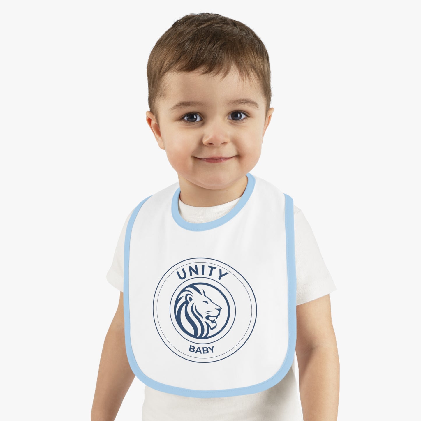 Unity Baby Bib with Contrast Trim, Cute Baby Bib, Baby Shower Gift, Lion Design Bib, Toddler Essential